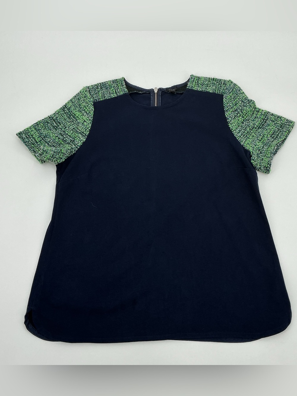 J Crew Mix-media Navy Top with Green Tweed Sleeves